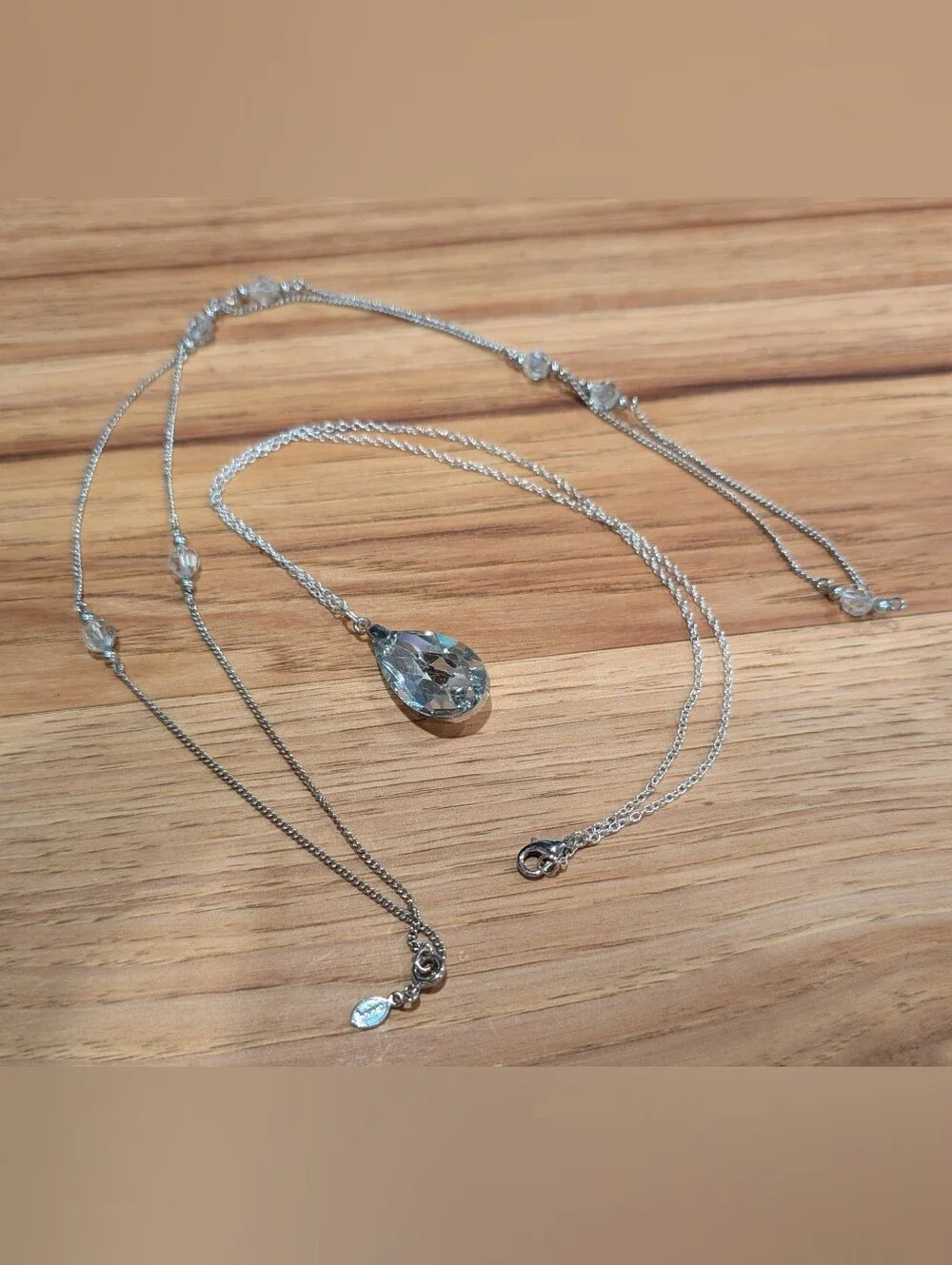 Silvertone Teardrop Crystal Pendant Necklace Set